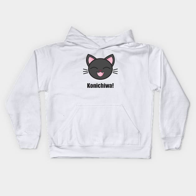 Konichiwa Japan - Cute Black Japanese Cat Kids Hoodie by Tesla